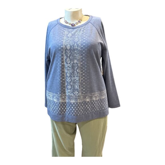 St. John's Bay Size 2X Blue Batik Print Raglan Long Sleeve Round Neck Top - Picture 1 of 9